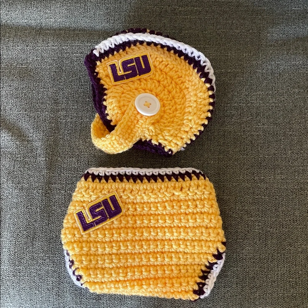 Newborn Handmade Crochet LSU Football Helmet Hat and Diaper Cover Set